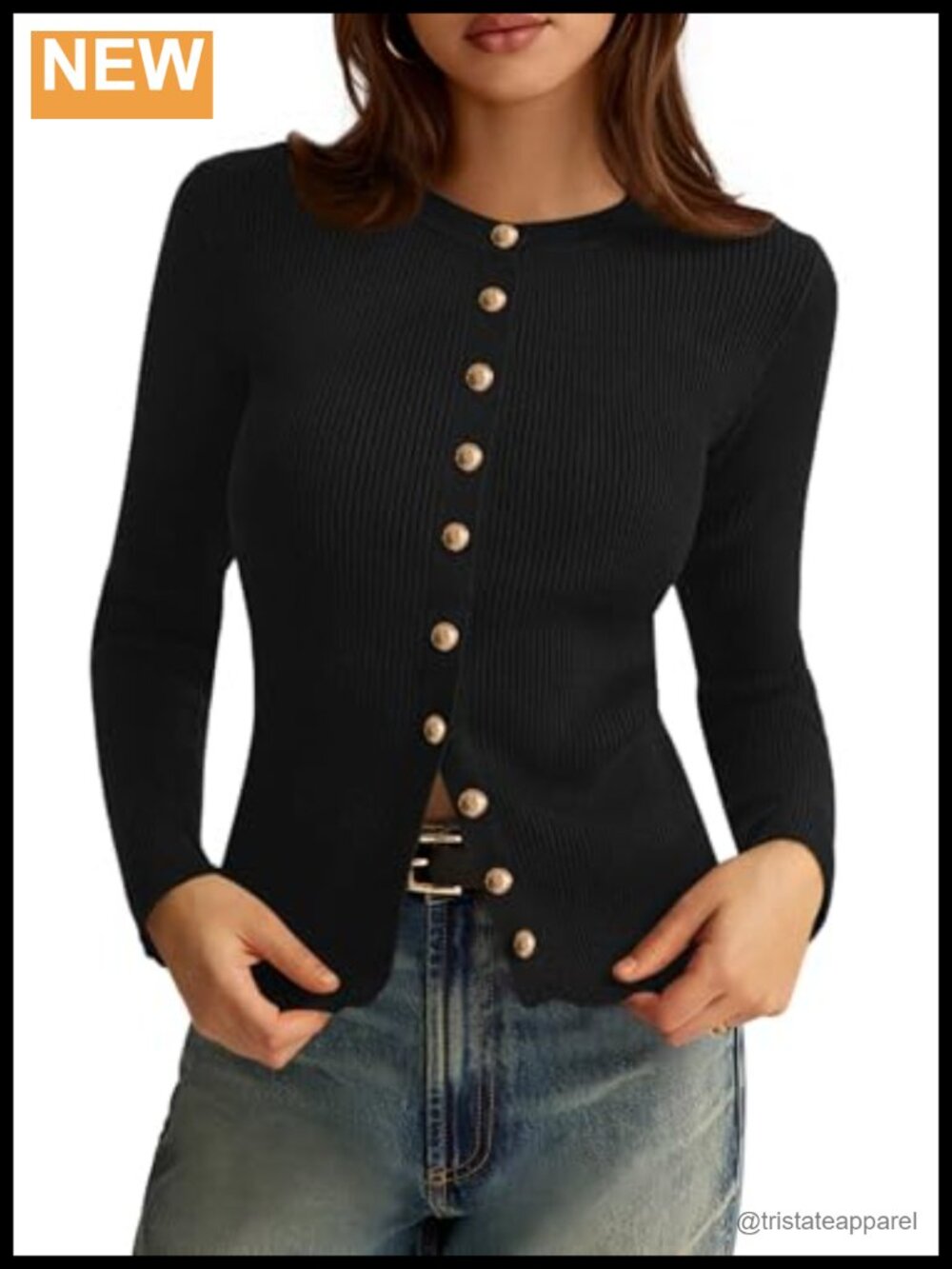 Ribbed Knit Button Down Crewneck Cardigan Sweater Lightweight Layer